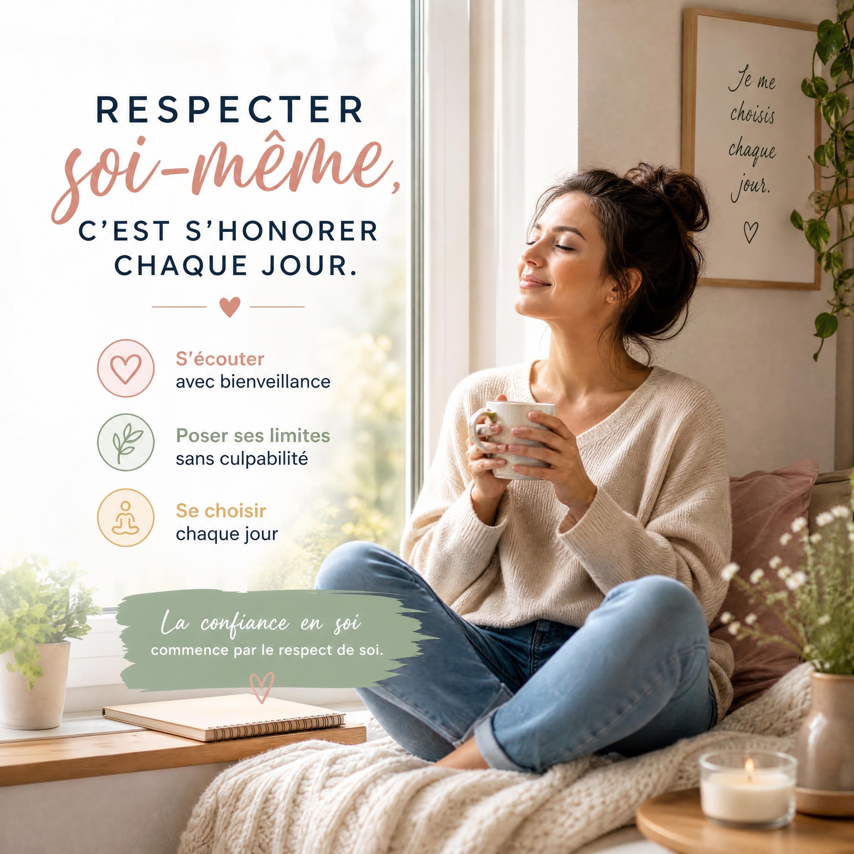 Une femme assise savourant une tasse de café chaude qui se choisis, qui pose ses limites, qui se respecte et qui s'écoute.